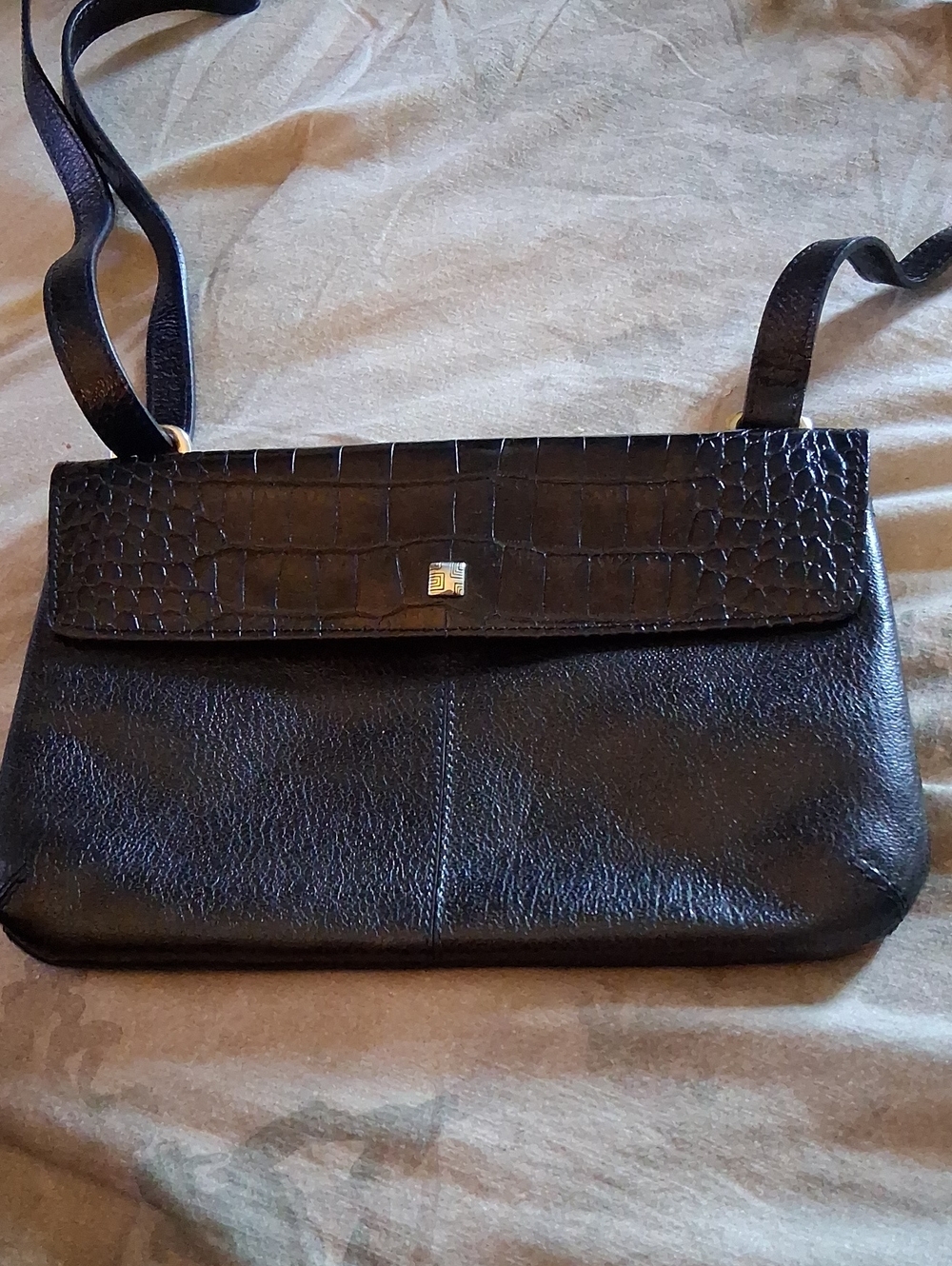 1990 Brighton Black Croc-Embossed with Teal Stripe Lining Studded Crossbody